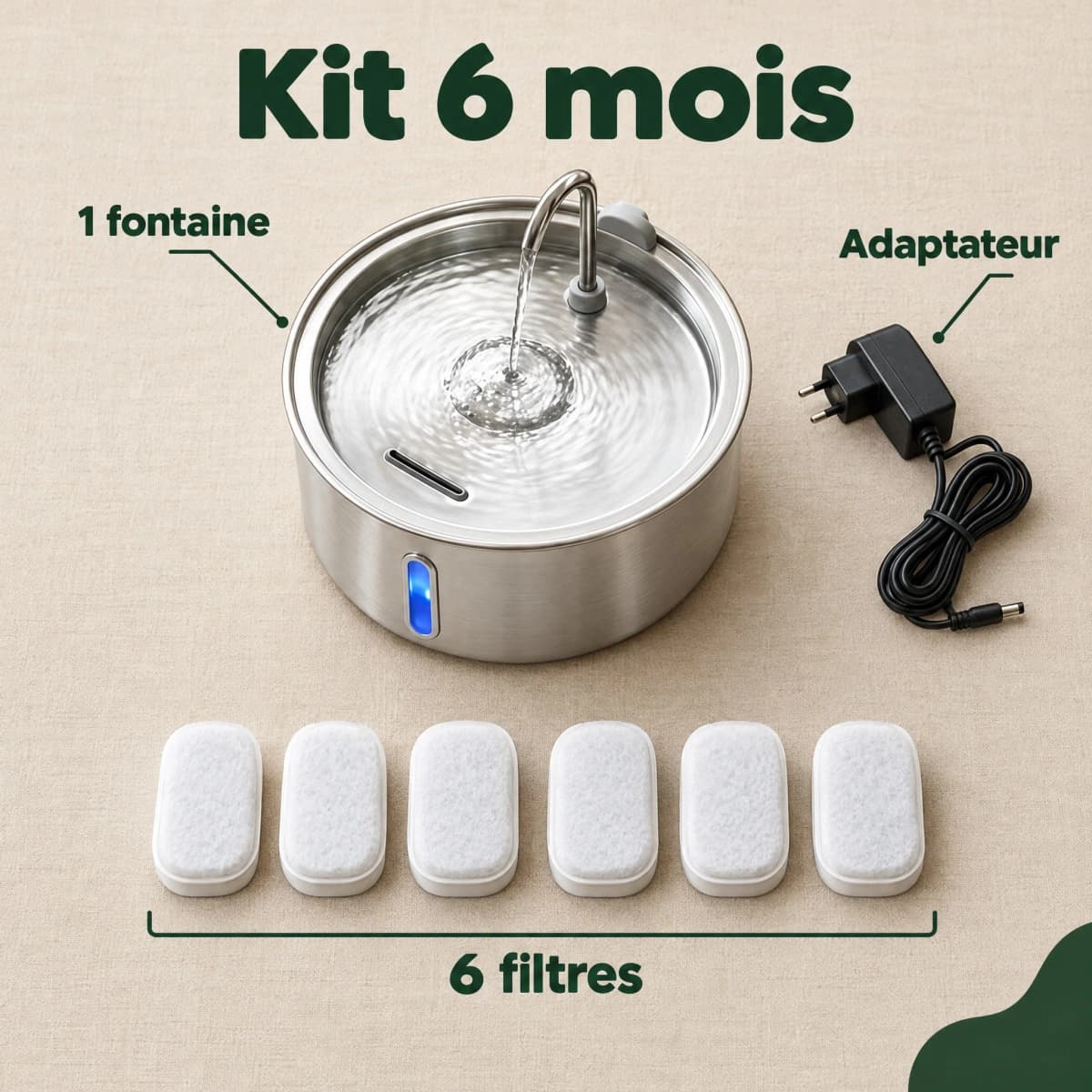 Kit 6 mois : 1 fontaine, 6 filtres, adaptateur