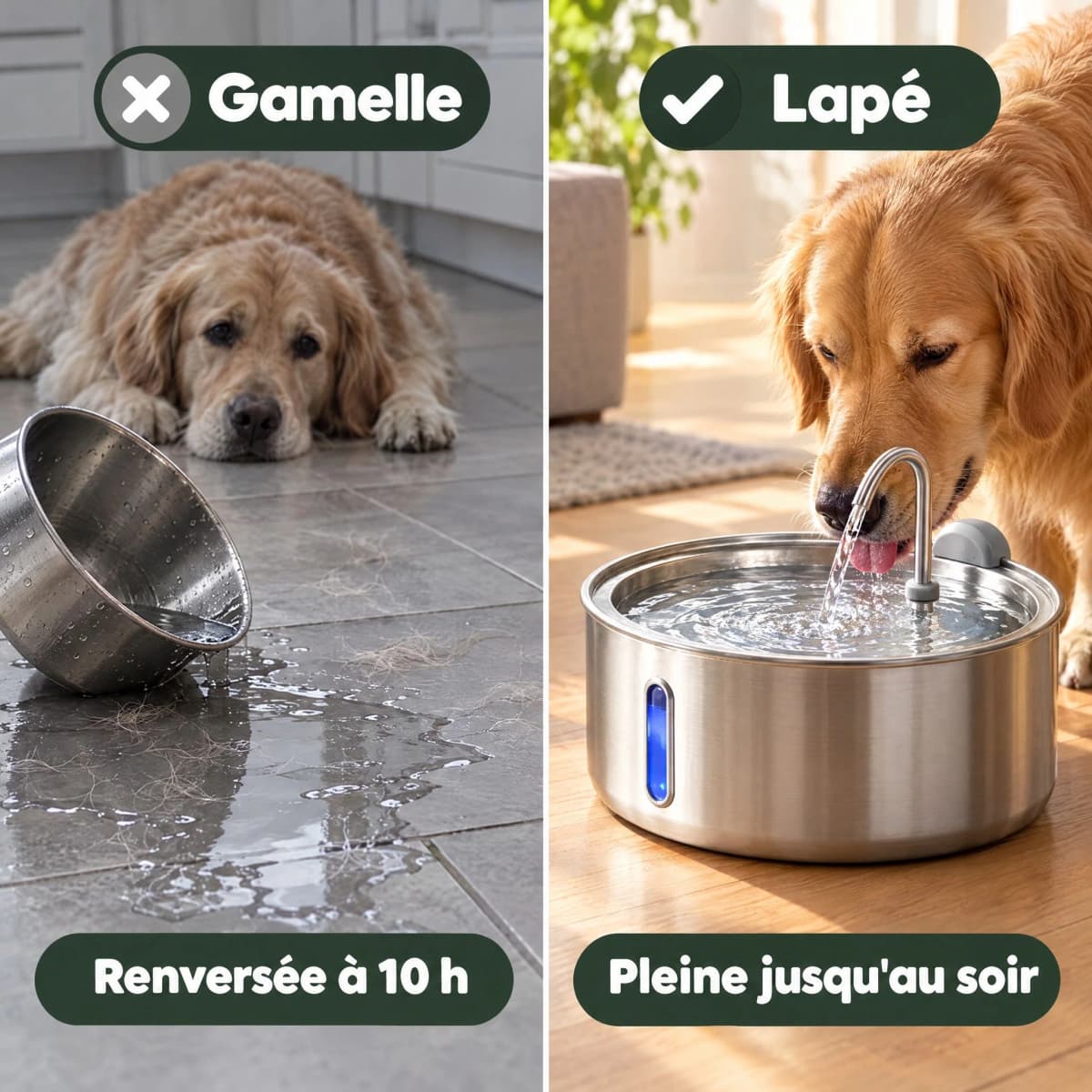 Gamelle renversée à 10 h contre fontaine Lapé pleine jusqu’au soir
